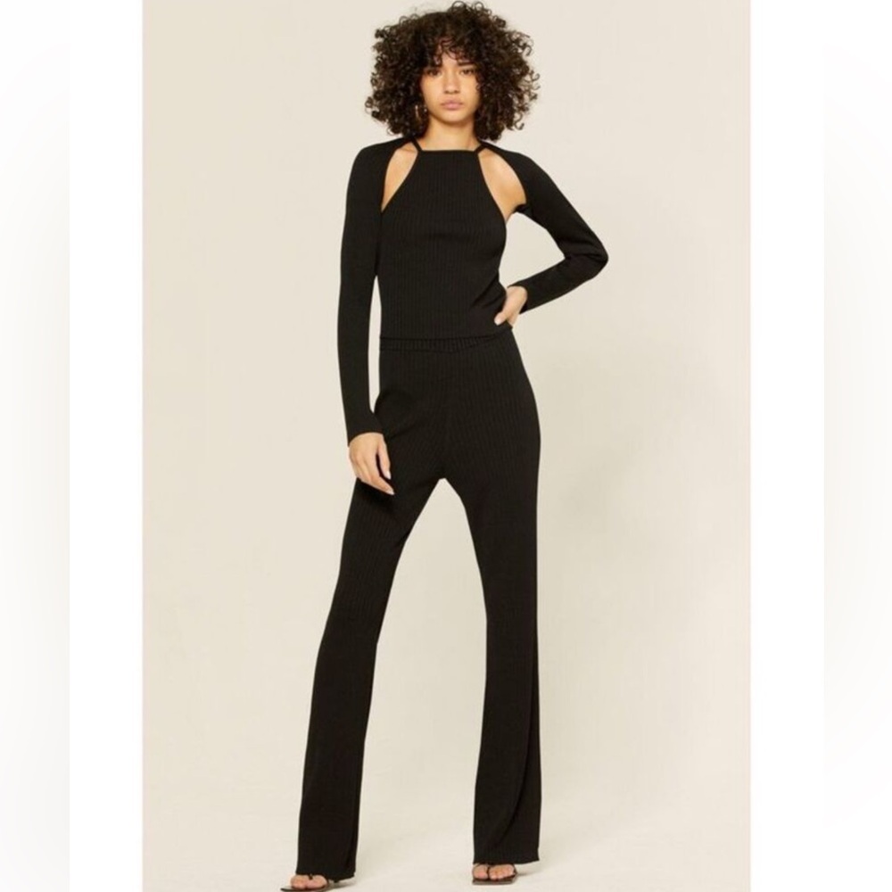 NICHOLAS Women’s Stretch Black Ribbed Evening Flare Pants Waist 10in/15in Trendy
